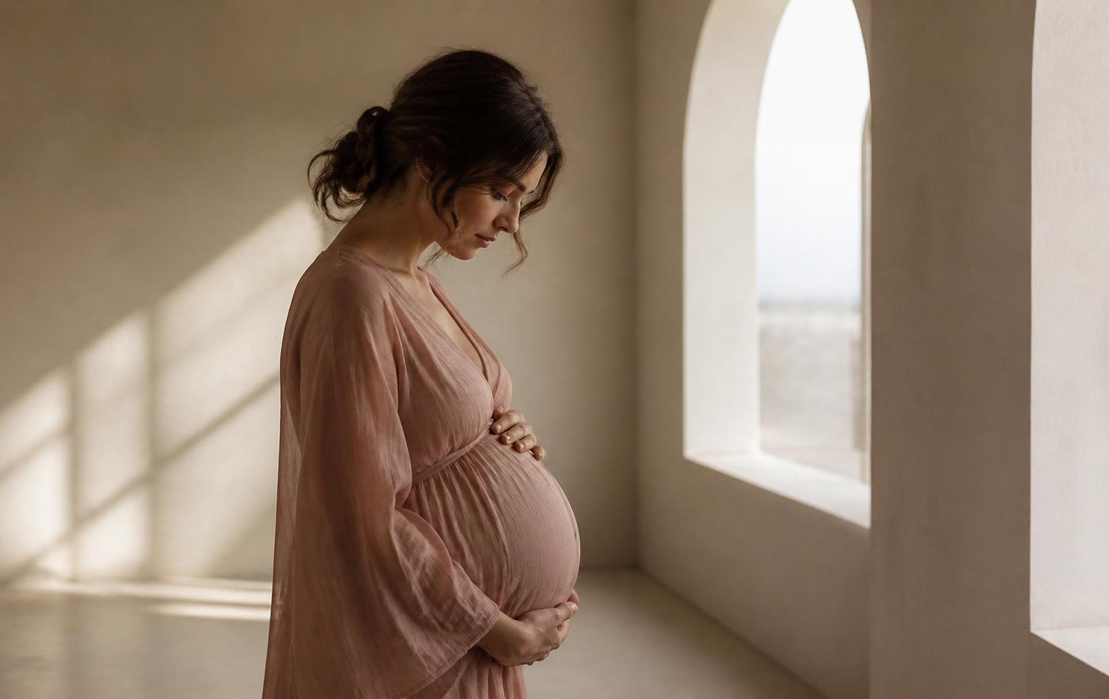 Gestante olhando para a barriga em ambiente iluminado